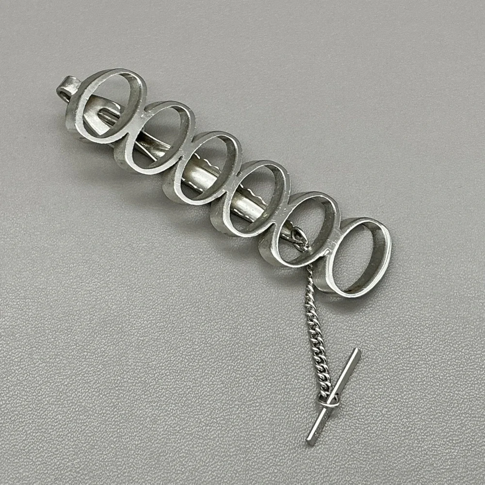 Dante Tie Clip Vintage Silver Tone Modernist Circle Chain Bar Men's Accessory